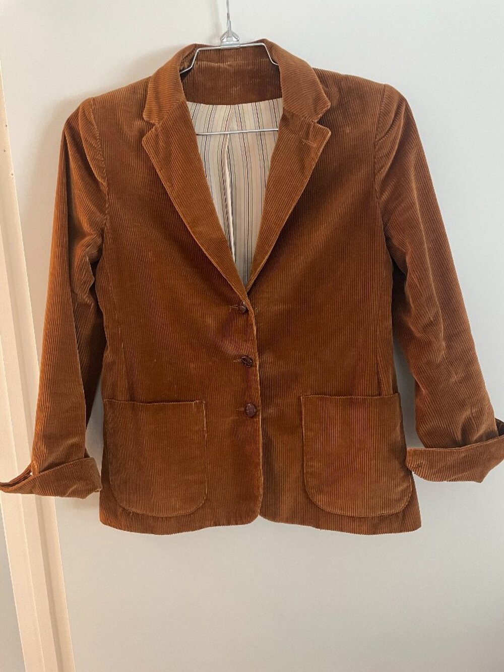 Vintage 80s TICA Chestnut Brown Corduroy Blazer Size 6 Stripe Lining - Picture 11 of 12